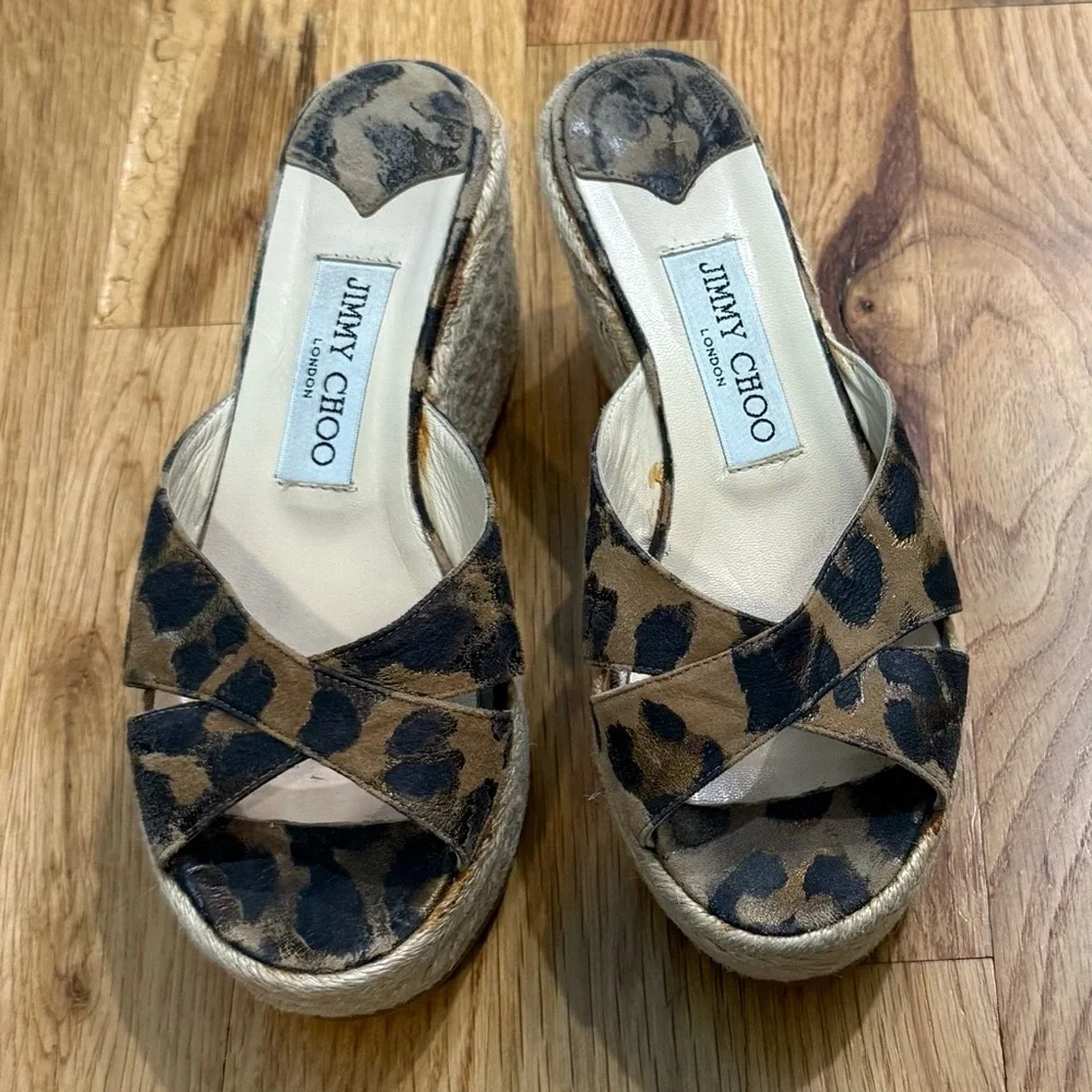 Jimmy Choo Dovina Leopard Suede Espadrille Platform Wedge Slides Sandals Size 36